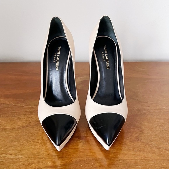 SAINT LAURENT • Janis 105 Cap-Toe Platform Pump two tone beige nude black heels - Picture 2 of 14